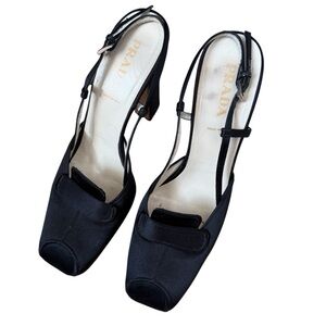 Prada Black Satin Slingback Heels 39.5 Square Toe Italy
